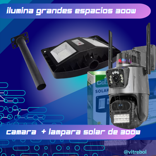 COMBO X2 SEGURIDAD EN TODO MOMENTO - Cámara Doble foco + Lampara solar de 300w.